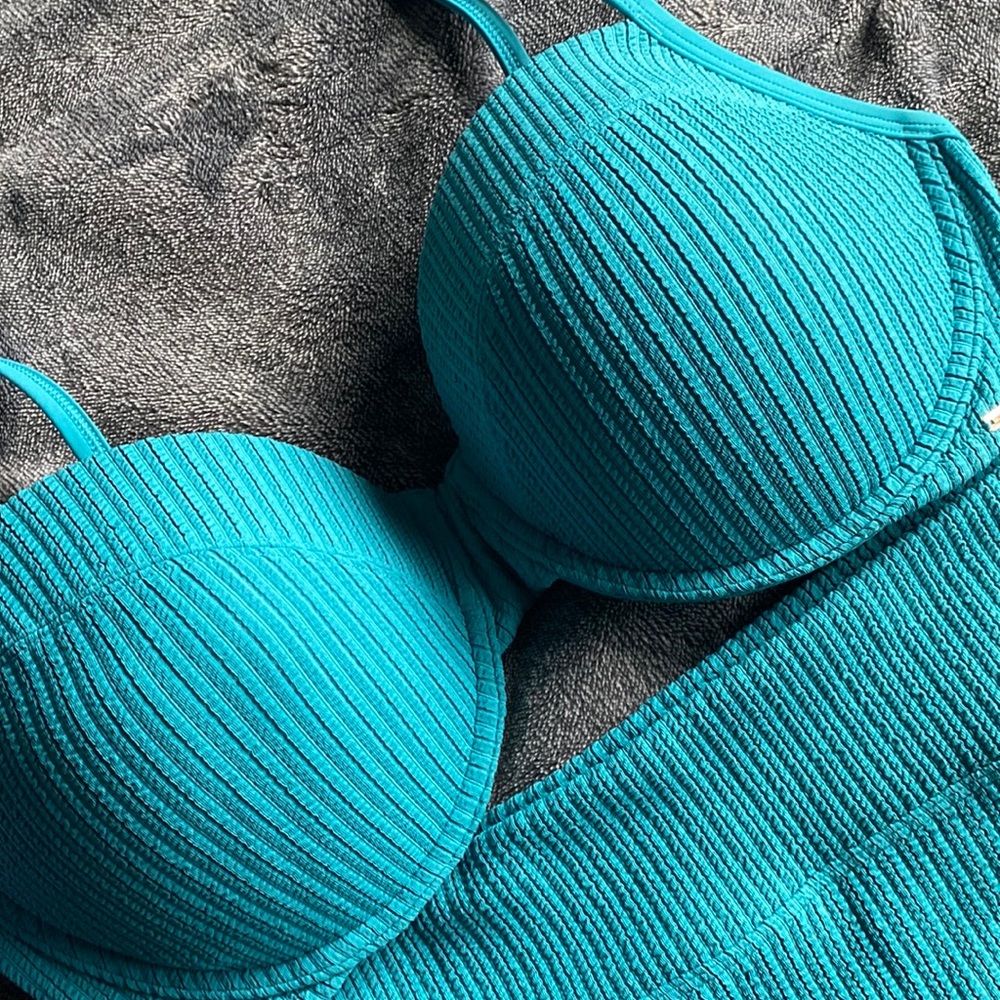 Pink swim teal blue bikini top and boy short bottoms top